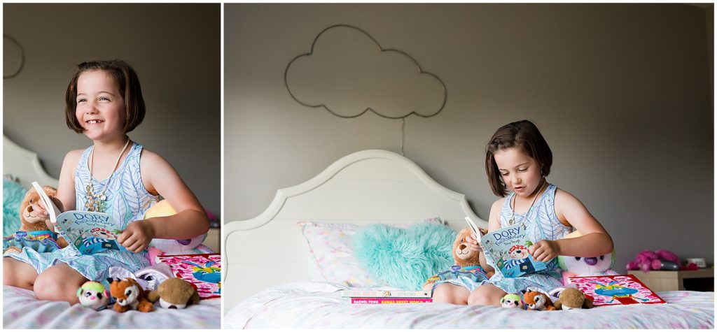 Girl enjoying her favorite things on bed in an at-home family session in Edina, MN