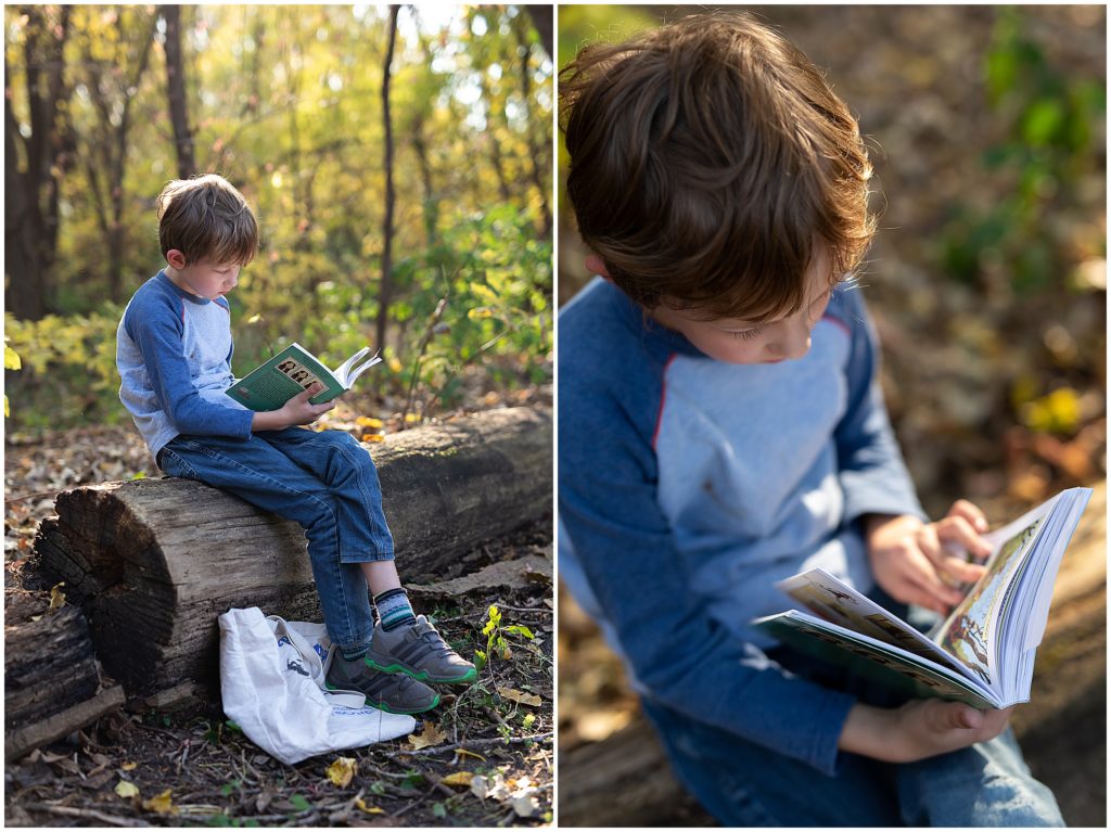 Little boy reading at Edina Nine Mile Creek Family Photography