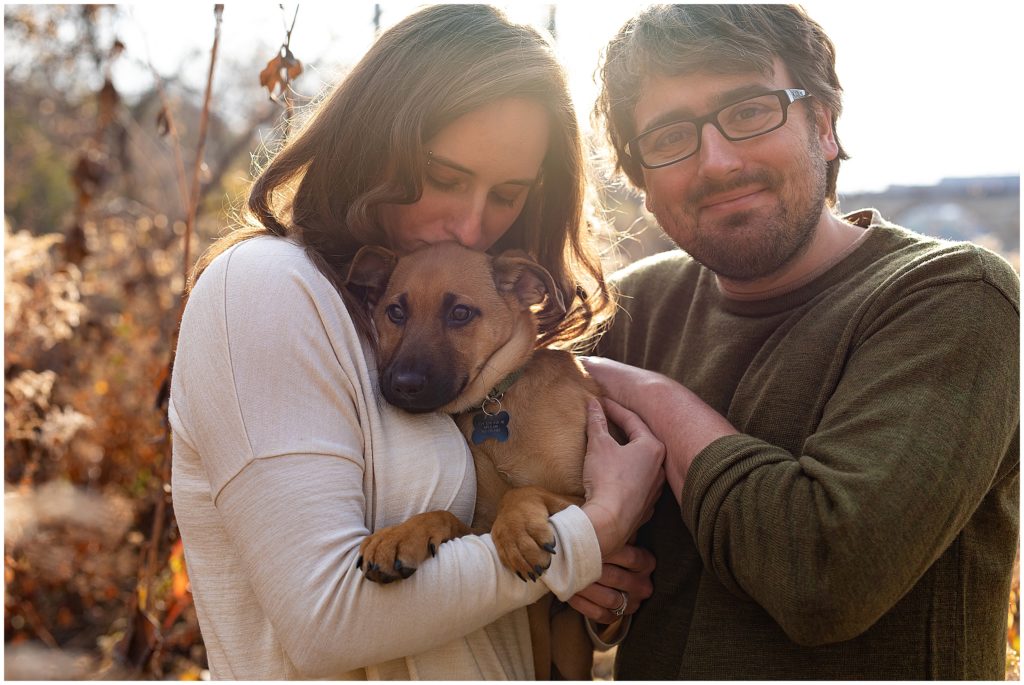 Couple with puppy Stone Arch Bridge Family Photography