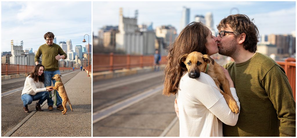 Couple with puppy on the Stone Arch Bridge during a Family Photography Session