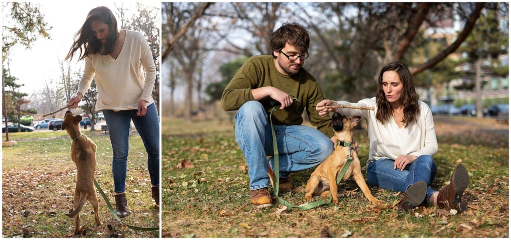 Couple playing with puppy by the Stone Arch Bridge during a Family Photography Session