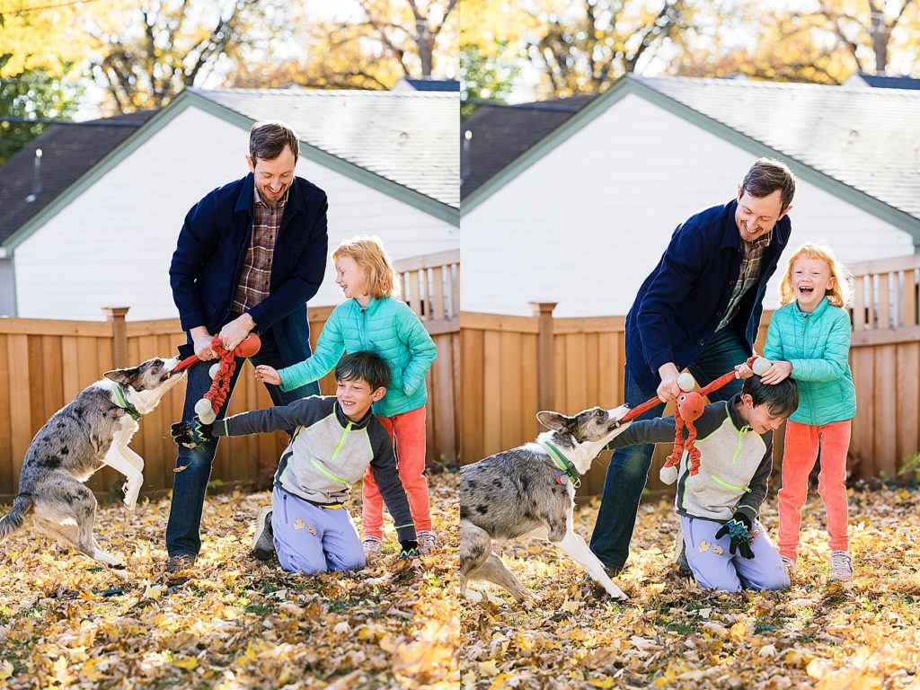 Minnesota Family Photographer captures dad and two kids playing with dog 