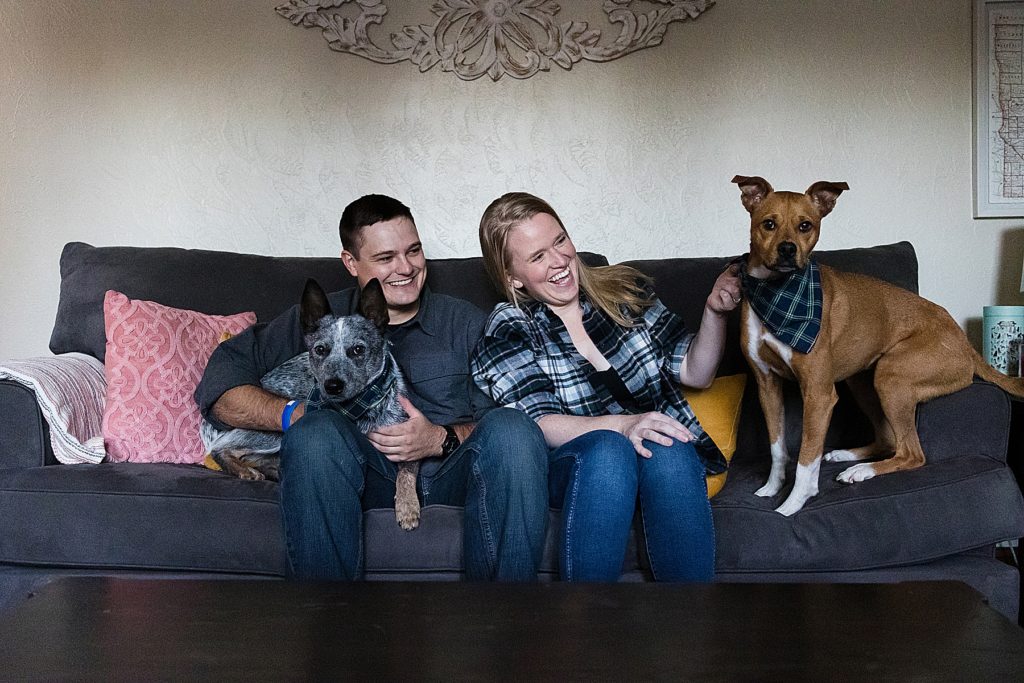 Lake Nokomis Engagement Photos - couple on couch with dogs