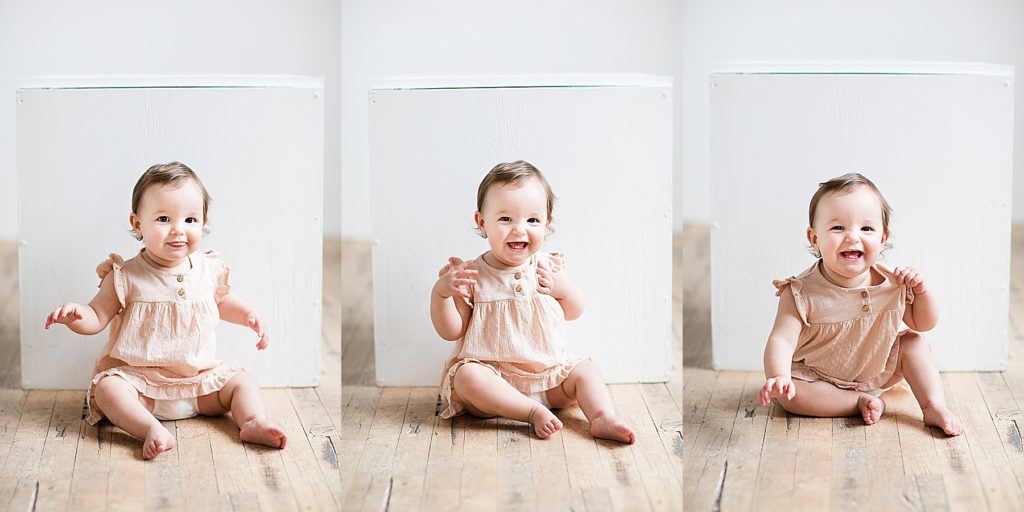 One Year Photos - three photos of little girl sitting