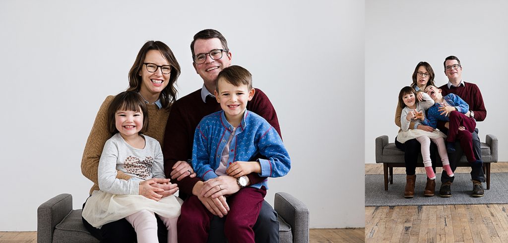 Family of four smiling during Twin Cities Family Photographer session.