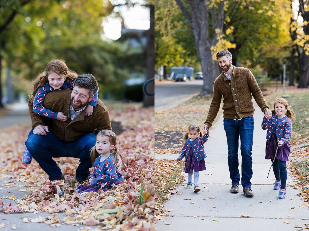 Dad with daughters in the fall leaves in St. Paul, MN