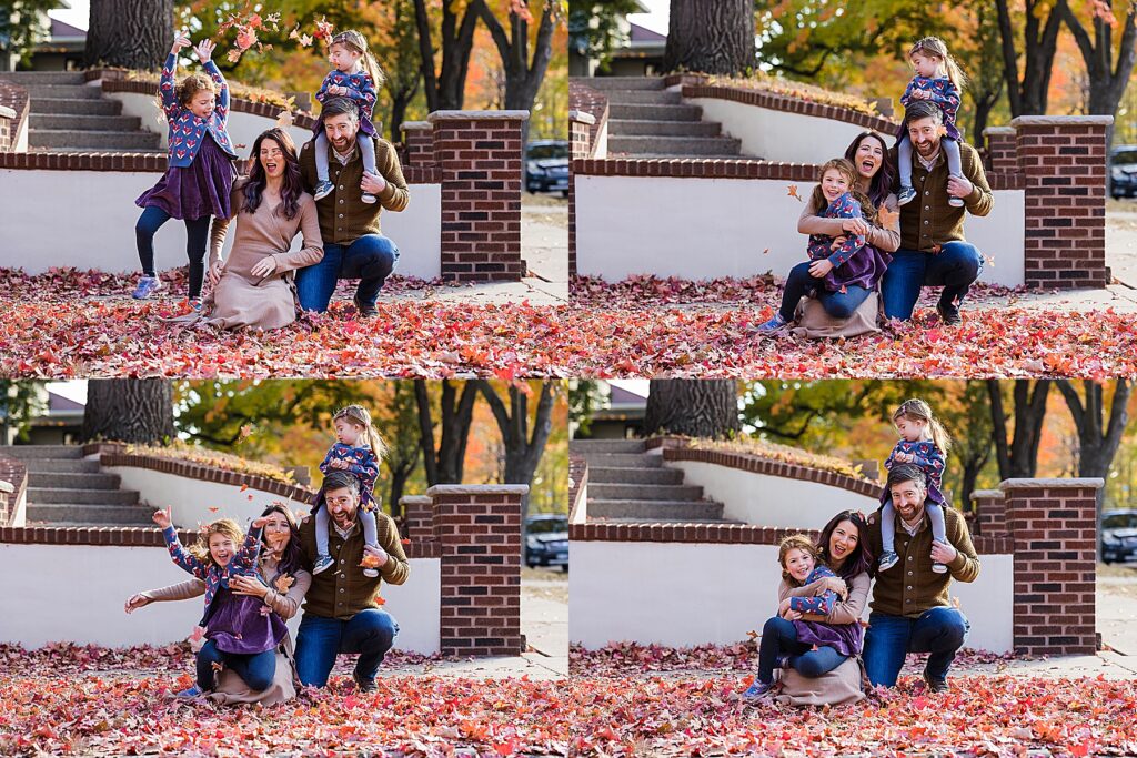 Family of four throwing leaves in the air in the fall in St. Paul, MN