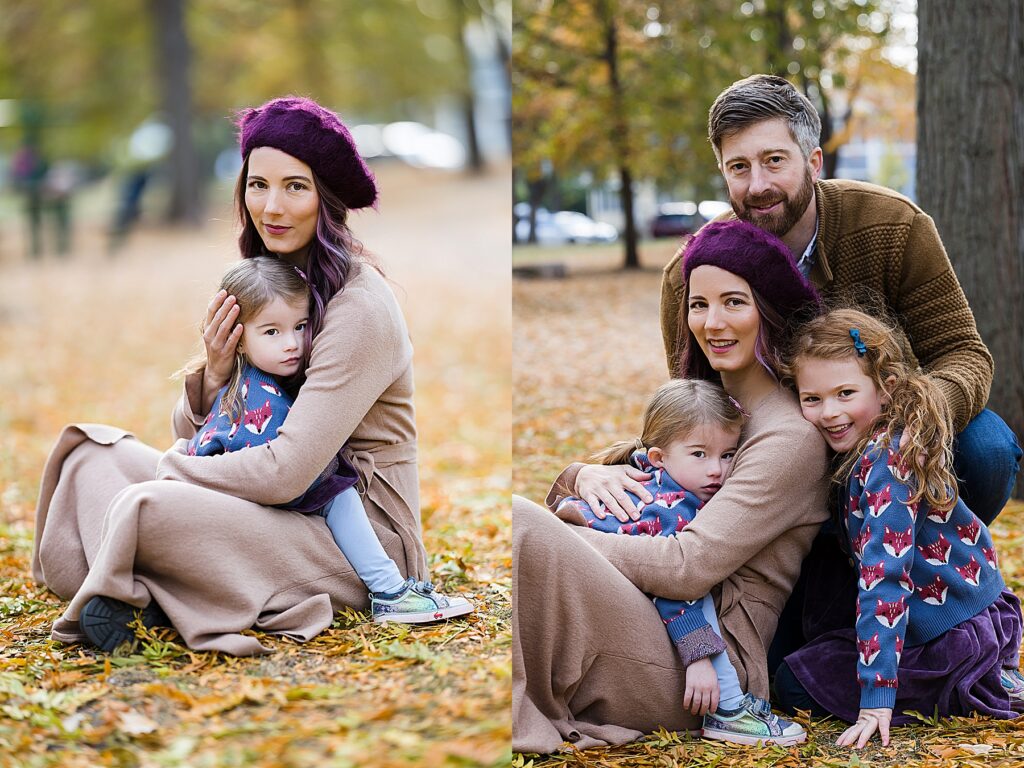 Family of four in fall with yellow leaves in St. Paul MN