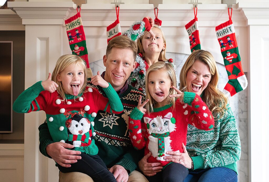 5 fun ideas for family photos in winter - ugly Christmas Sweater Family photos in Edina, MN.