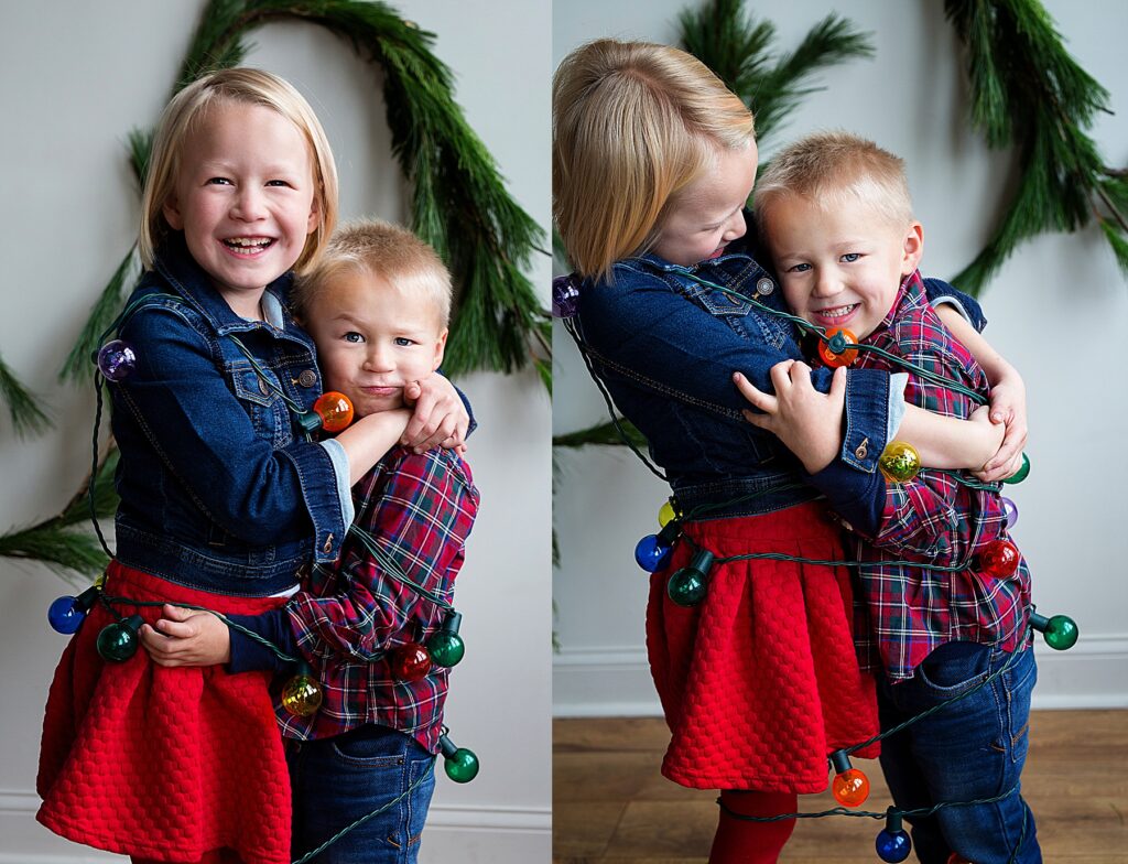 Brother and Sister in red plaid and wrapped in Christmas Lights in Minneapolis, MN during 5 fun ideas for family photos in winter.