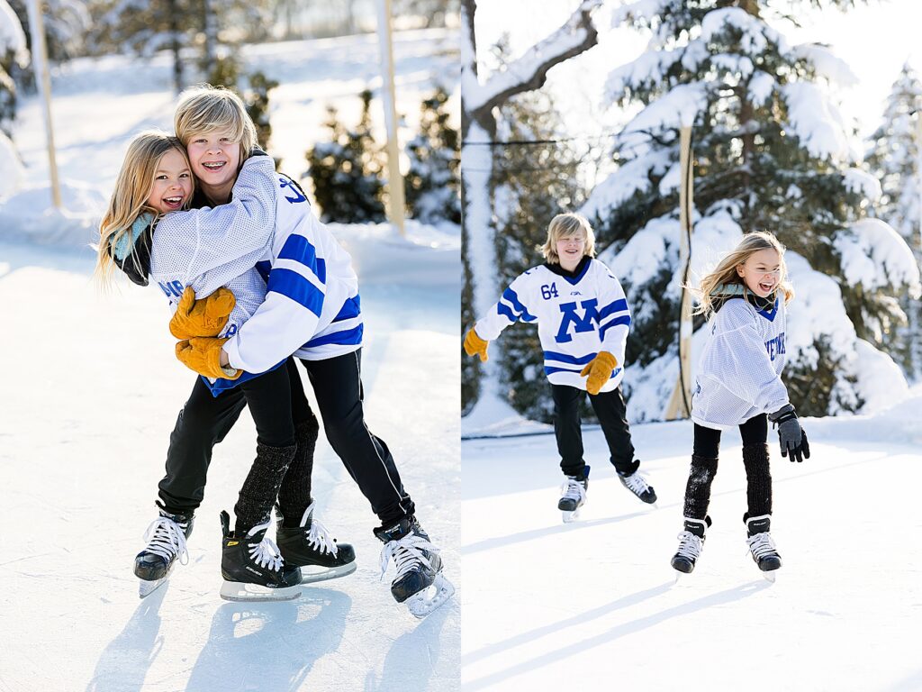 Brother and Sister playing hockey for family photography in Minnetonka, MN