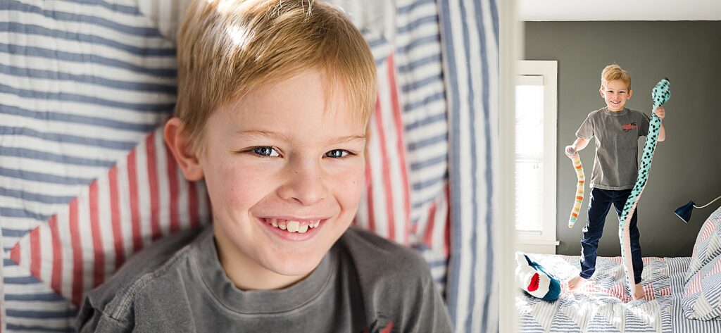 Boy smiling during family photos in Minneapolis, MN
