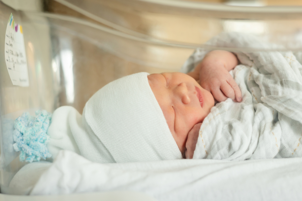 Newborn baby swaddled and sleeping in a hospital bassinet, the very first moments before heading home, captured during a Fresh 48 session in the Twin Cities.